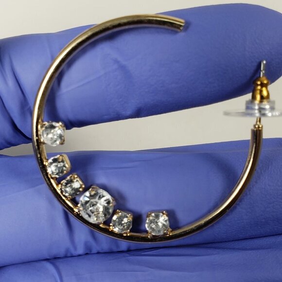 Women's Stunning Polished Gold tone Sparkling Crystal Open Hook Post Earrings - Picture 3 of 9